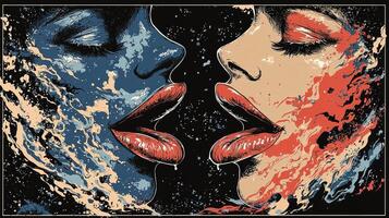 Two sets of vibrant glossy lips come together form number 69 surrounded playful tongues and minimalistic background heightens artistic flair photo