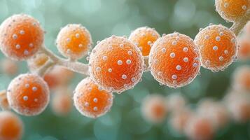 Magnified red blood cells reveal their vivid and intricate structures on microscope slide. laboratory setting emphasizes clean and professional research environment photo
