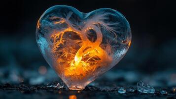 Translucent ice heart radiates faint blue light while cracks weave through its surface. Surrounding mists and glass fragments create atmosphere filled emotional coldness photo