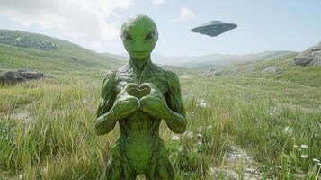 green alien humanoid stands in empty field forming heart shape its hands. UFO hovers above casting soft glow in peaceful landscape photo