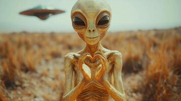 friendly green alien humanoid stands in empty open field forming heart shape its hands. futuristic UFO hovers above illuminating tranquil landscape photo
