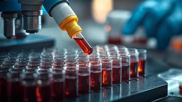 Lab technician in bright and organized laboratory carefully adds reagent into blood filled well plate while conducting antibody test for analysis photo