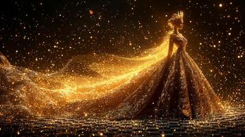 golden chess queen stands gracefully on black and white chessboard radiating power and elegance in dimly lit mystical space filled soft bokeh lights photo
