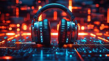 pair of futuristic headphones featuring metallic silver and captivating blue highlights floats in high tech cyberpunk environment filled neon lights and digital city backdrop photo