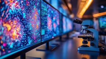 Detailed exploration of tissue samples occurs in pathology lab showcasing intricate cell structures on high resolution monitors surrounded diagnostic instruments photo
