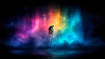man crawls upward on unsteady ladder stretching radiant sky filled vibrant colors. scene captures essence of perseverance and aspiration against all odds photo