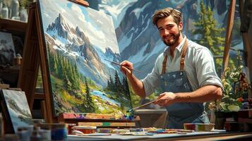 playful cartoon artist stands in cozy studio painting vibrant landscape on large canvas. Surrounded colorful paints and creative works he enjoys his artistic process photo