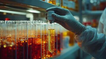 scientist demonstrates precision in laboratory pipetting clear liquid into test tube. Surrounding scientist are racks filled vibrant chemical solutions and advanced lab equipment photo