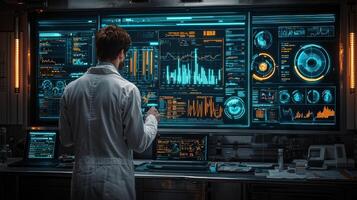 In high tech laboratory researcher in white lab coat examines colorful graphs and detailed medical insights on holographic screen showing blood test results photo