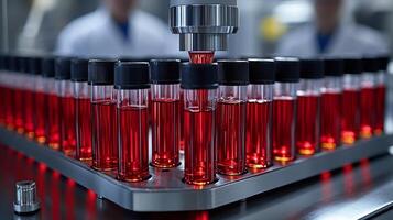 Automated blood analysis machine processes rows of test tubes filled red and clear liquids in bright lab. Scientists actively monitor advanced technology work photo