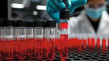 Automated blood analysis machine actively processes test tubes filled red and clear liquids in bright organized lab where scientists monitor each step of procedure photo
