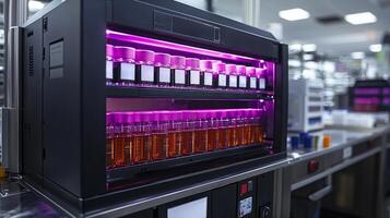 In sterile laboratory setting temperature controlled unit displays neatly arranged blood samples. labels are clear highlighting precise sample management and organization photo