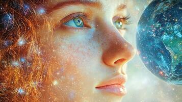 soulful woman gently holds planet Earth her serene expression radiating compassion. Her eyes reflect deep connection as soft light highlights her features against cosmic backdrop photo