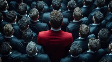 crowd of men in black suits forms dense arrangement one man in red suit standing confidently center. lighting emphasizes striking contrast photo