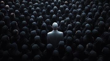 dense crowd of men in black suits forms striking visual. center one man in white suit stands confidently symbolizing individuality amidst mass photo