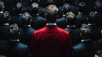 dense crowd of men dressed in sleek black suits creates uniform appearance while single man in striking red suit stands confidently center embodying uniqueness photo