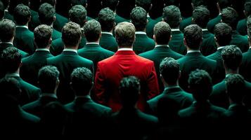 In modern setting men in sleek green suits form dense crowd one individual in striking red suit center symbolizing confidence and individuality photo