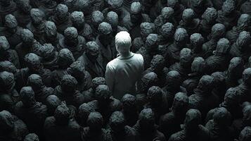 Men dressed in sleek black suits form dense crowd from top down perspective while one individual in white suit radiates confidence center highlighting uniqueness amid conformity photo