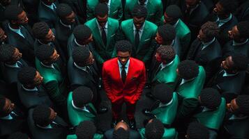 dense crowd of men in green suits surrounds one man in striking red suit highlighting individuality against backdrop of uniformity. lighting emphasizes his unique presence photo