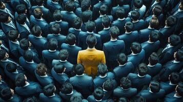 crowd of men in sleek blue suits surrounds one confident individual in bright yellow suit. contrast creates striking visual impact showcasing uniqueness among uniformity photo