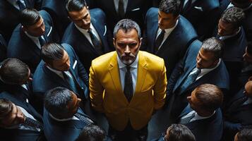 dense crowd of men in blue suits surrounds one man in yellow suit. unique figure stands confidently highlighted lighting embodying individuality against conformity photo