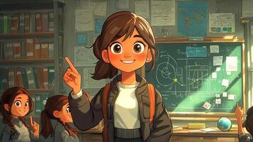 cheerful teacher stands before chalkboard colorful diagram. Students in background eagerly raise their hands creating energetic classroom atmosphere photo