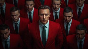 crowd of men dressed in sleek red suits creates uniform appearance while one man in green suit stands out. contrast highlights individuality and style in modern setting photo