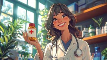 cheerful doctor in white coat smiles and extends small bottle of medicine medical cross while surrounded colorful clinic supplies and decor photo