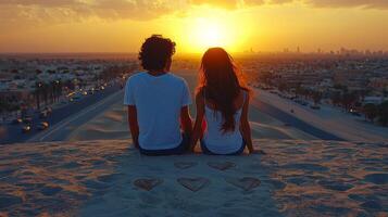 young Arab couple sits on sandy dune creating heart shapes in sand as sun sets behind them casting warm glow over peaceful desert landscape photo