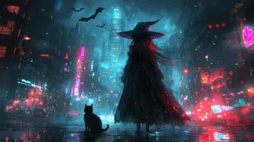 slender witch in flowing black dress strides confidently through foggy megacity accompanied her black cat. Bats glide overhead in eerie atmosphere photo