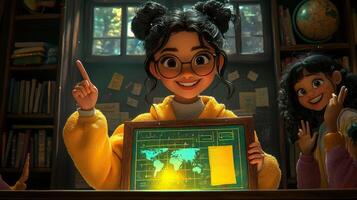 cheerful teacher stands in front of chalkboard pointing engaging diagram. Happy students raise their hands eager participate in interactive lesson photo