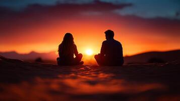 young Arab couple sits on sandy dune creating heart shapes in sand as sun sets casting vibrant colors across desert sky and evoking peaceful atmosphere photo