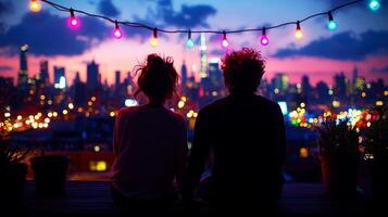nonbinary couple sits hand in hand on rooftop terrace adorned string lights. city skyline glows in twilight creating romantic atmosphere photo