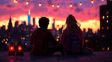Two nonbinary individuals sit closely together on rooftop terrace beneath twinkling string lights holding hands and admiring stunning city skyline as twilight sets in photo