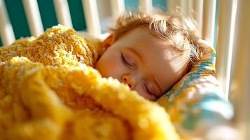 Soft pastel bedding cradles Caucasian baby sleeping soundly in crib. Warm indoor light enhances serene atmosphere highlighting baby's peaceful expression photo
