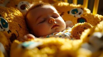 serene setting features Caucasian baby sleeping soundly in crib. surroundings include soft pastel bedding and gentle warm lighting creating soothing atmosphere photo
