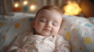 calming moment captures peaceful Caucasian baby sleeping in crib. environment features soft pastel bedding and warm comforting lighting creating serene atmosphere photo