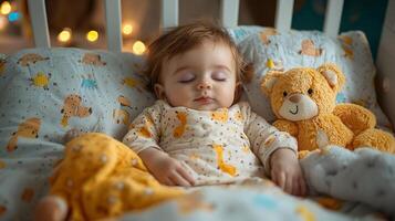 Caucasian baby peacefully sleeps in crib surrounded soft pastel bedding. warm indoor lighting creates cozy atmosphere enhancing calming scene photo