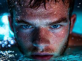 Close up of Caucasian swimmer prosthetic arm getting ready dive from starting block. Water droplets glisten on his skin as he focuses intensely bright lights photo