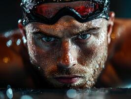 skilled swimmer prosthetic arm prepares dive from starting block glistening water droplets on his skin bright lights of competition pool photo