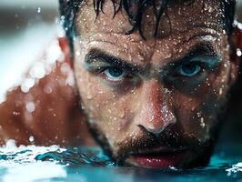 In close up shot determined swimmer prosthetic arm is ready dive. Water droplets glisten on his skin illuminated bright lights above pool photo
