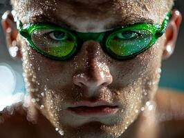 Close up of determined swimmer preparing dive into pool showcasing focus and strength. Water droplets glisten on his skin and prosthetic arm bright lights photo