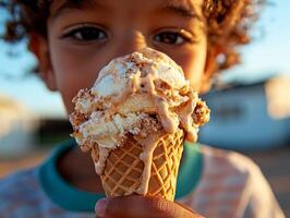 cheerful Hispanic toddler savors ice cream cone warm sunlight melted ice cream dripping onto their hands reflecting pure joy and delight in moment photo