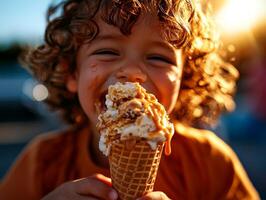 delighted Hispanic toddler savors ice cream cone on sunny day. Melted ice cream drips on tiny hands showcasing pure joy and delight in every bite photo