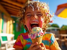 joyful Hispanic toddler smiles widely while savoring melting ice cream cone. Sunlight enhances scene highlighting child's excitement and colorful attire photo