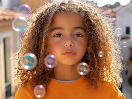 Bright sunlight filters through trees as Hispanic child blows bubbles in backyard. playful bubbles float around capturing joyful moment lively atmosphere photo