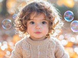 cheerful Hispanic child blows bubbles in vibrant backyard filled sunlight. bokeh effect enhances playful atmosphere capturing joy of childhood moments photo
