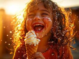 cheerful Hispanic toddler savors ice cream cone sunlight smiling brightly as melted ice cream drips onto their hands creating joyful scene filled happiness photo