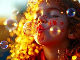 cheerful Hispanic child enjoys blowing bubbles in backyard while sunlight creates captivating bokeh effect around floating bubbles. moment is filled joy and playfulness photo