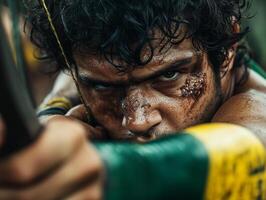 Hispanic archer concentrates intensely prosthetic arm as they pull back bowstring. lush forest surrounds them enhancing dramatic atmosphere of moment photo
